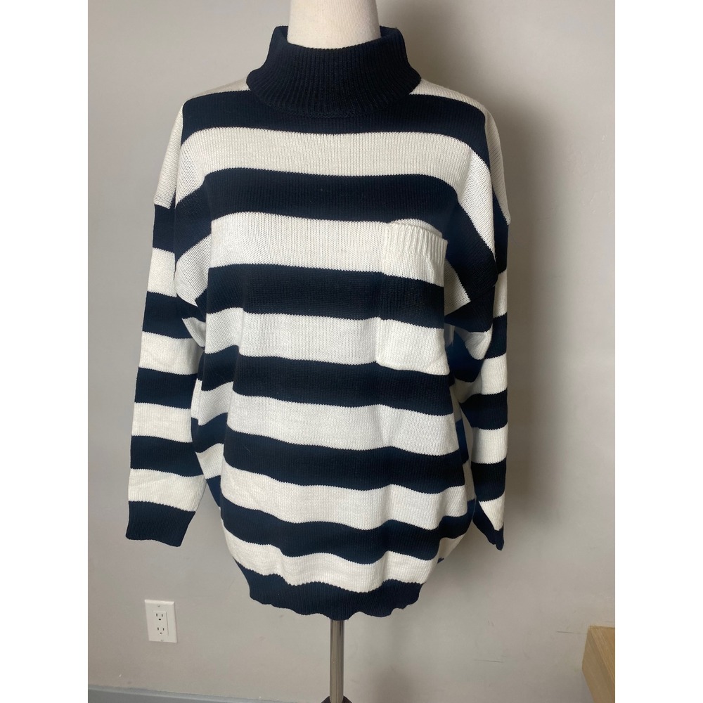 Vintage A'Milan Striped Turtleneck Sweater Navy White Oversized 80s 90s Retro